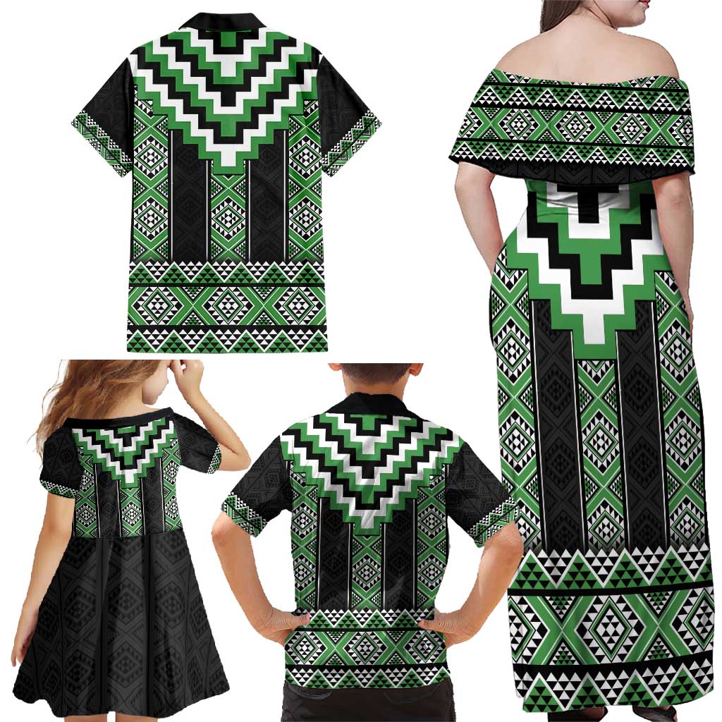 Green Taniko Pattern Aotearoa Family Matching Off Shoulder Maxi Dress and Hawaiian Shirt Niho Taniwha Mix Poutama LT14 - Polynesian Pride