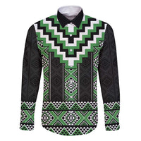 Green Taniko Pattern Aotearoa Family Matching Off Shoulder Maxi Dress and Hawaiian Shirt Niho Taniwha Mix Poutama LT14 Dad's Shirt - Long Sleeve Green - Polynesian Pride