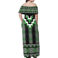 Green Taniko Pattern Aotearoa Family Matching Off Shoulder Maxi Dress and Hawaiian Shirt Niho Taniwha Mix Poutama LT14 - Polynesian Pride
