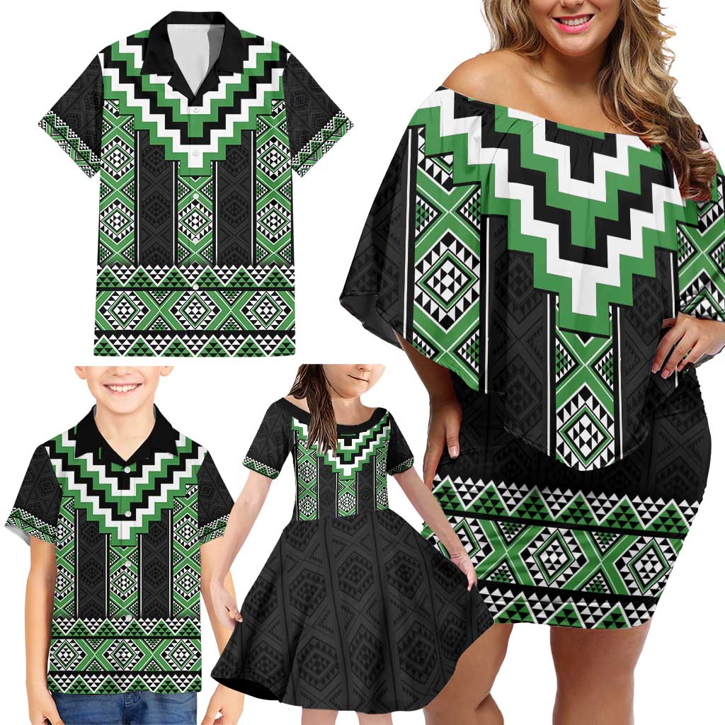 Green Taniko Pattern Aotearoa Family Matching Off Shoulder Short Dress and Hawaiian Shirt Niho Taniwha Mix Poutama LT14 - Polynesian Pride