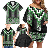 Green Taniko Pattern Aotearoa Family Matching Off Shoulder Short Dress and Hawaiian Shirt Niho Taniwha Mix Poutama LT14 - Polynesian Pride