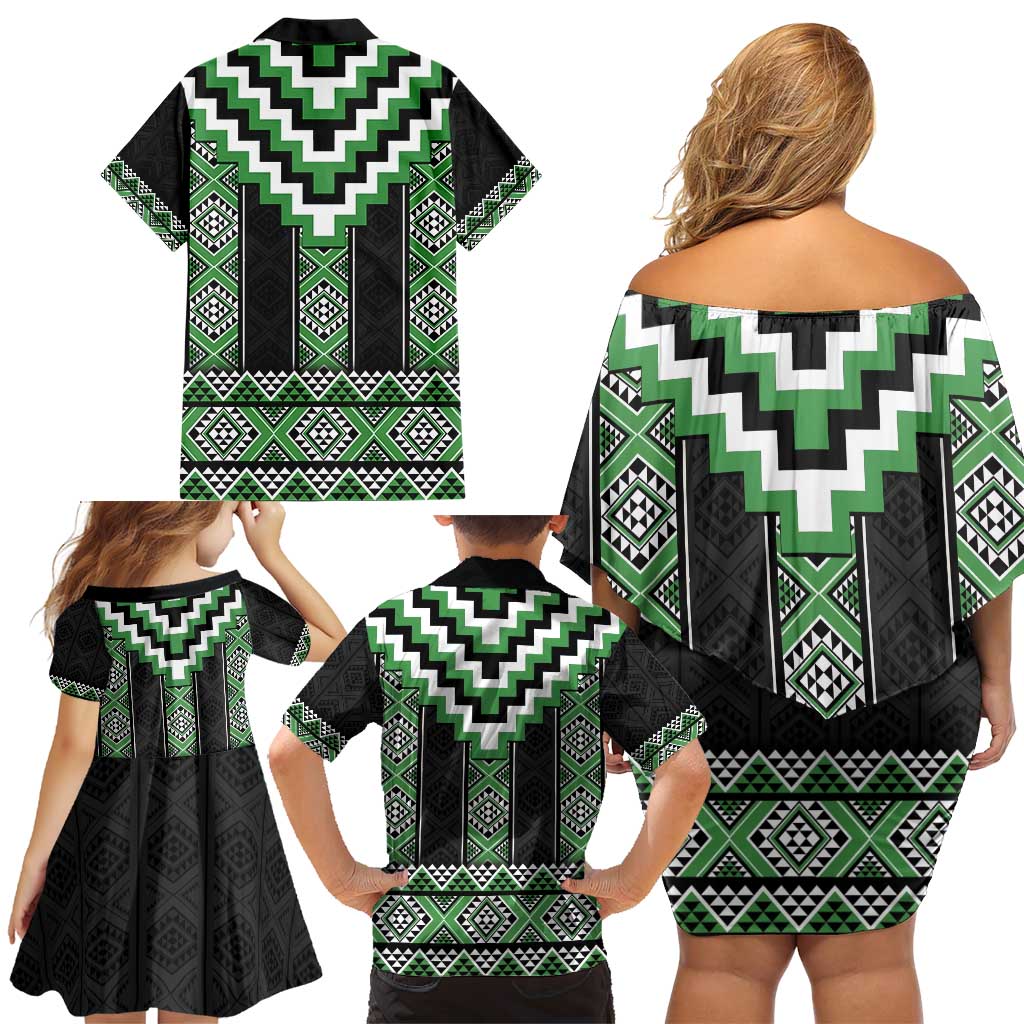 Green Taniko Pattern Aotearoa Family Matching Off Shoulder Short Dress and Hawaiian Shirt Niho Taniwha Mix Poutama LT14 - Polynesian Pride
