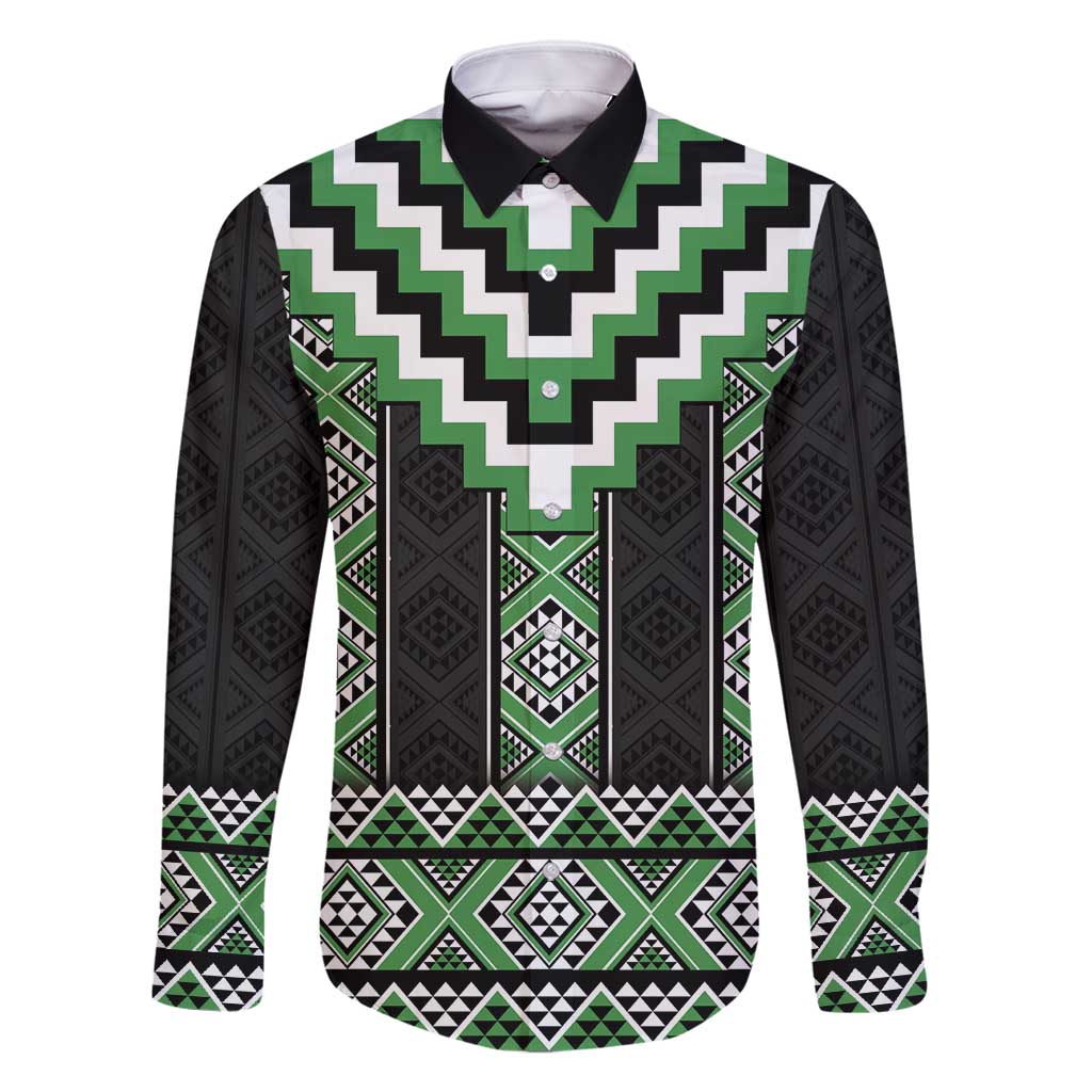 Green Taniko Pattern Aotearoa Family Matching Off Shoulder Short Dress and Hawaiian Shirt Niho Taniwha Mix Poutama LT14 Dad's Shirt - Long Sleeve Green - Polynesian Pride