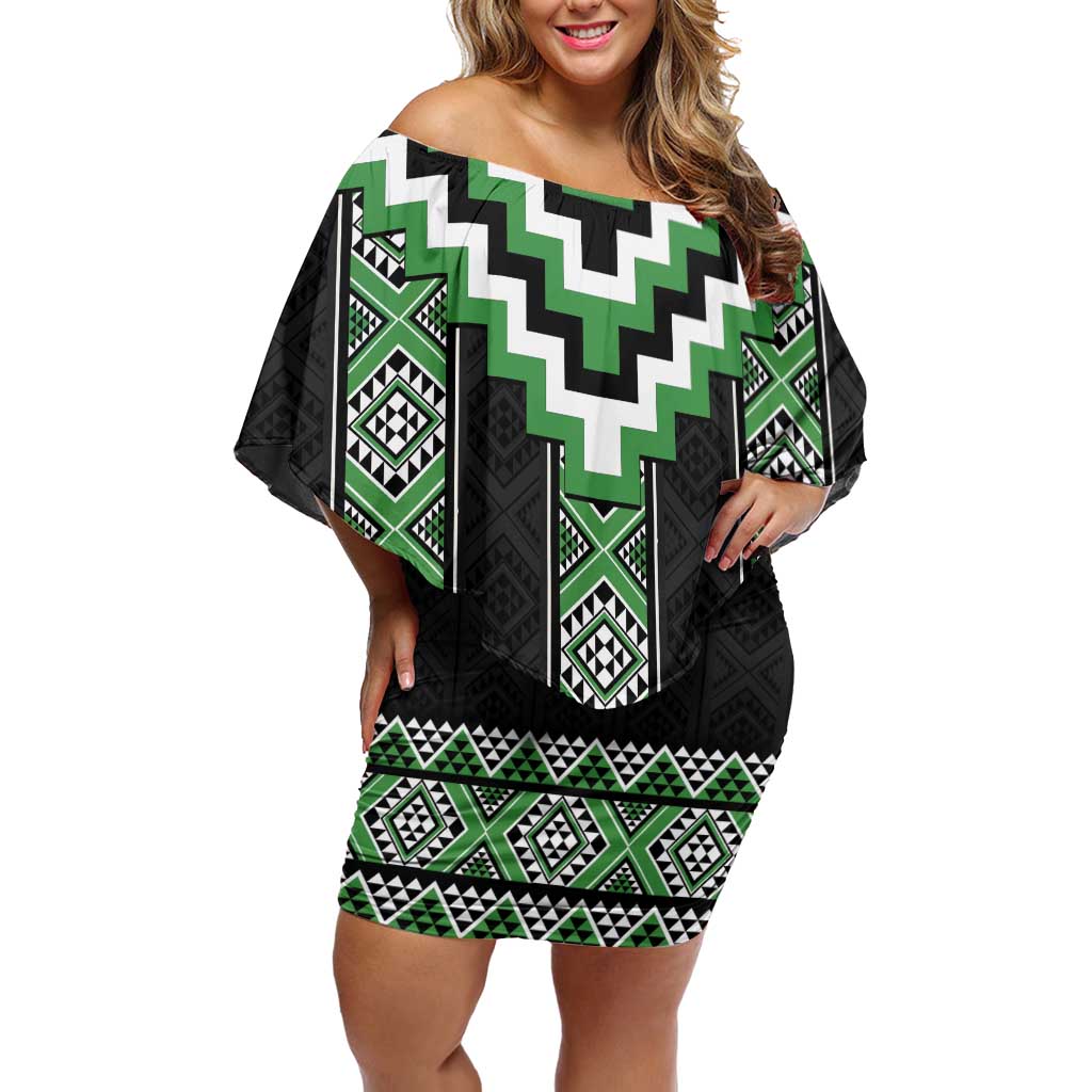 Green Taniko Pattern Aotearoa Family Matching Off Shoulder Short Dress and Hawaiian Shirt Niho Taniwha Mix Poutama LT14 Mom's Dress Green - Polynesian Pride