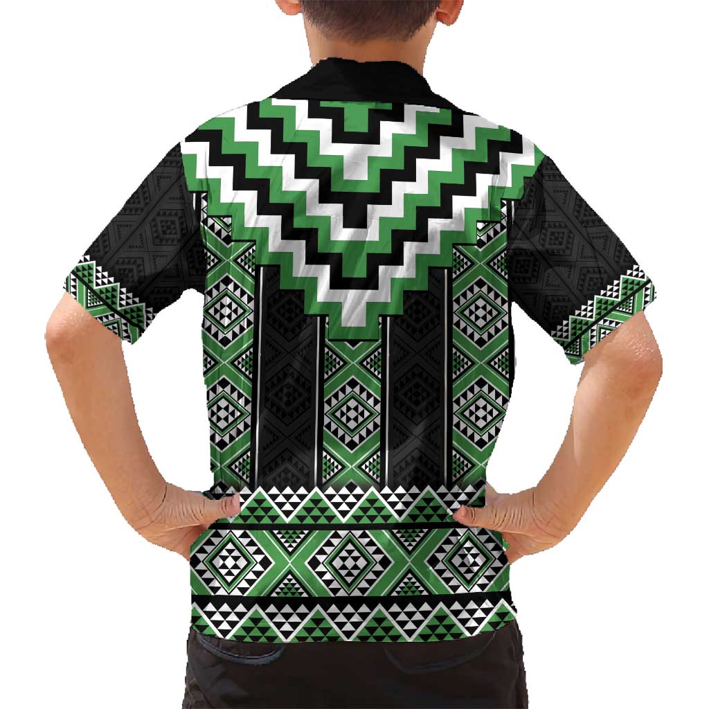 Green Taniko Pattern Aotearoa Family Matching Puletasi and Hawaiian Shirt Niho Taniwha Mix Poutama LT14 - Polynesian Pride