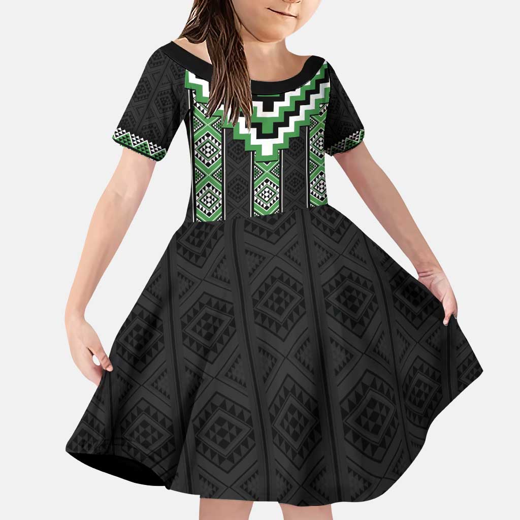 Green Taniko Pattern Aotearoa Family Matching Puletasi and Hawaiian Shirt Niho Taniwha Mix Poutama LT14 Daughter's Dress Green - Polynesian Pride