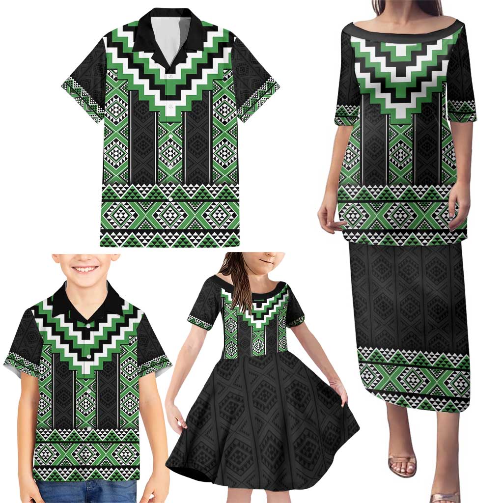 Green Taniko Pattern Aotearoa Family Matching Puletasi and Hawaiian Shirt Niho Taniwha Mix Poutama LT14 - Polynesian Pride