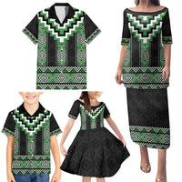 Green Taniko Pattern Aotearoa Family Matching Puletasi and Hawaiian Shirt Niho Taniwha Mix Poutama LT14 - Polynesian Pride