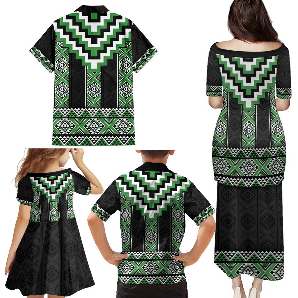 Green Taniko Pattern Aotearoa Family Matching Puletasi and Hawaiian Shirt Niho Taniwha Mix Poutama LT14 - Polynesian Pride