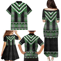 Green Taniko Pattern Aotearoa Family Matching Puletasi and Hawaiian Shirt Niho Taniwha Mix Poutama LT14 - Polynesian Pride