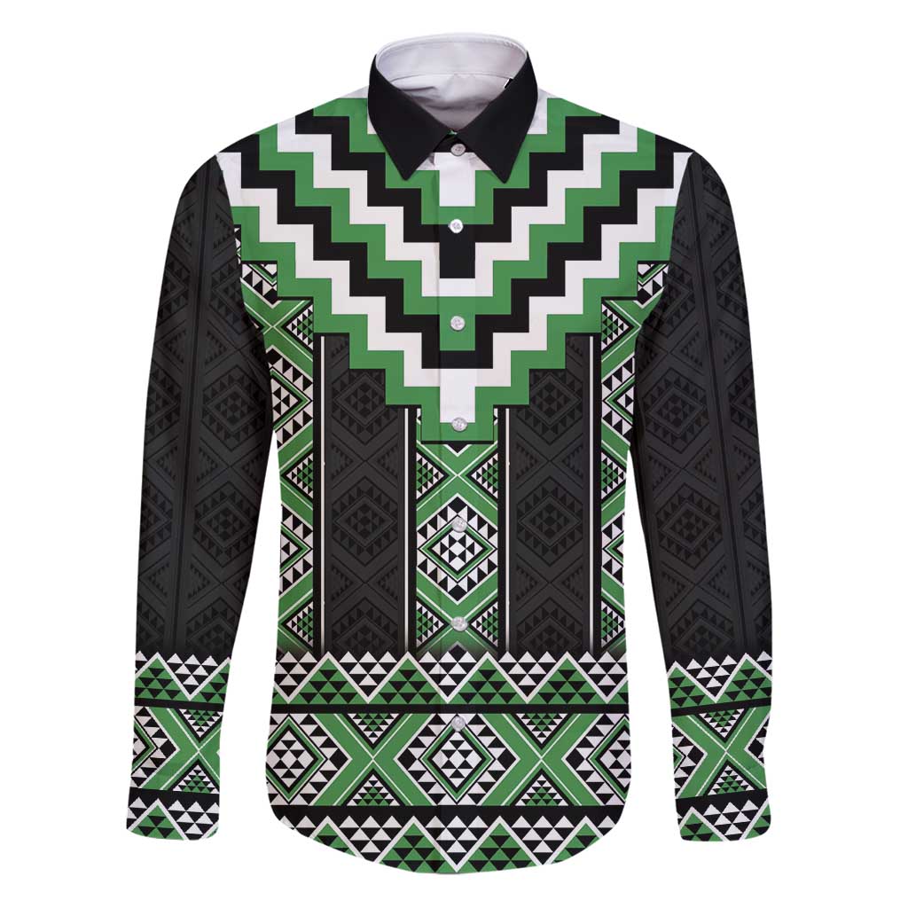 Green Taniko Pattern Aotearoa Family Matching Puletasi and Hawaiian Shirt Niho Taniwha Mix Poutama LT14 Dad's Shirt - Long Sleeve Green - Polynesian Pride