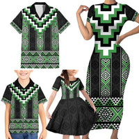 Green Taniko Pattern Aotearoa Family Matching Short Sleeve Bodycon Dress and Hawaiian Shirt Niho Taniwha Mix Poutama LT14 - Polynesian Pride