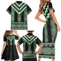 Green Taniko Pattern Aotearoa Family Matching Short Sleeve Bodycon Dress and Hawaiian Shirt Niho Taniwha Mix Poutama LT14 - Polynesian Pride