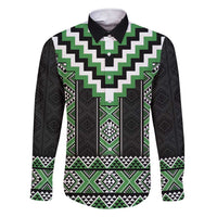Green Taniko Pattern Aotearoa Family Matching Short Sleeve Bodycon Dress and Hawaiian Shirt Niho Taniwha Mix Poutama LT14 Dad's Shirt - Long Sleeve Green - Polynesian Pride