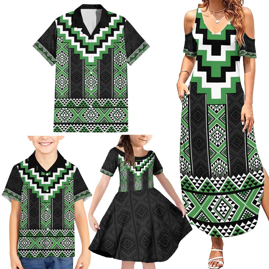 Green Taniko Pattern Aotearoa Family Matching Summer Maxi Dress and Hawaiian Shirt Niho Taniwha Mix Poutama LT14 - Polynesian Pride