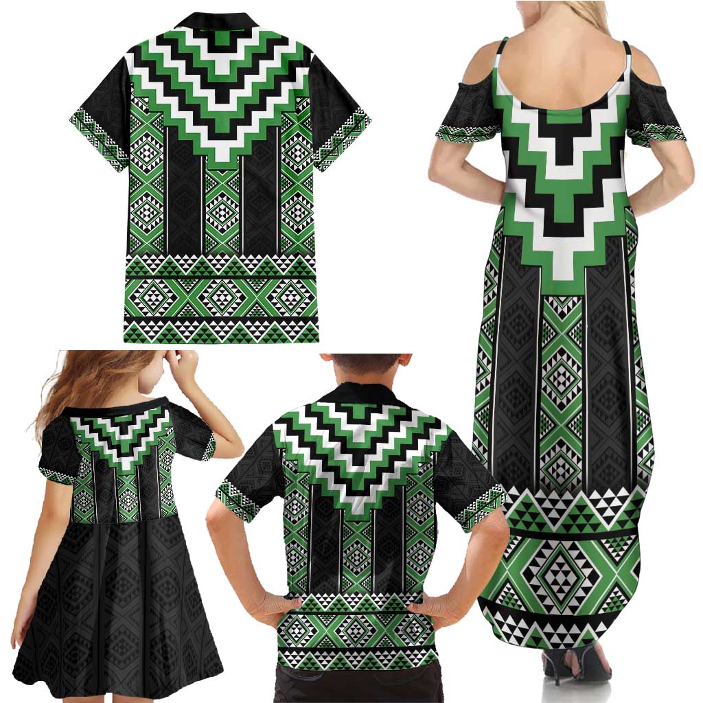 Green Taniko Pattern Aotearoa Family Matching Summer Maxi Dress and Hawaiian Shirt Niho Taniwha Mix Poutama LT14 - Polynesian Pride