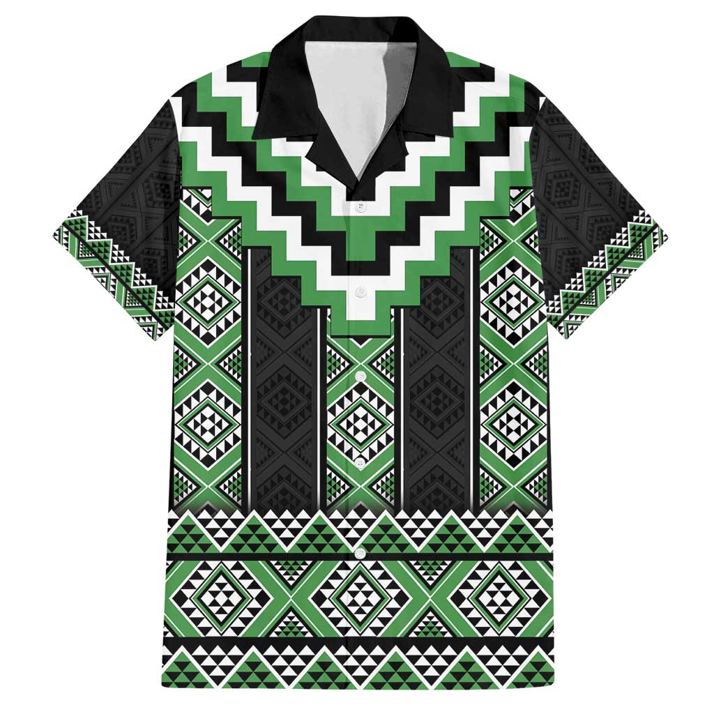 Green Taniko Pattern Aotearoa Family Matching Summer Maxi Dress and Hawaiian Shirt Niho Taniwha Mix Poutama LT14 Dad's Shirt - Short Sleeve Green - Polynesian Pride