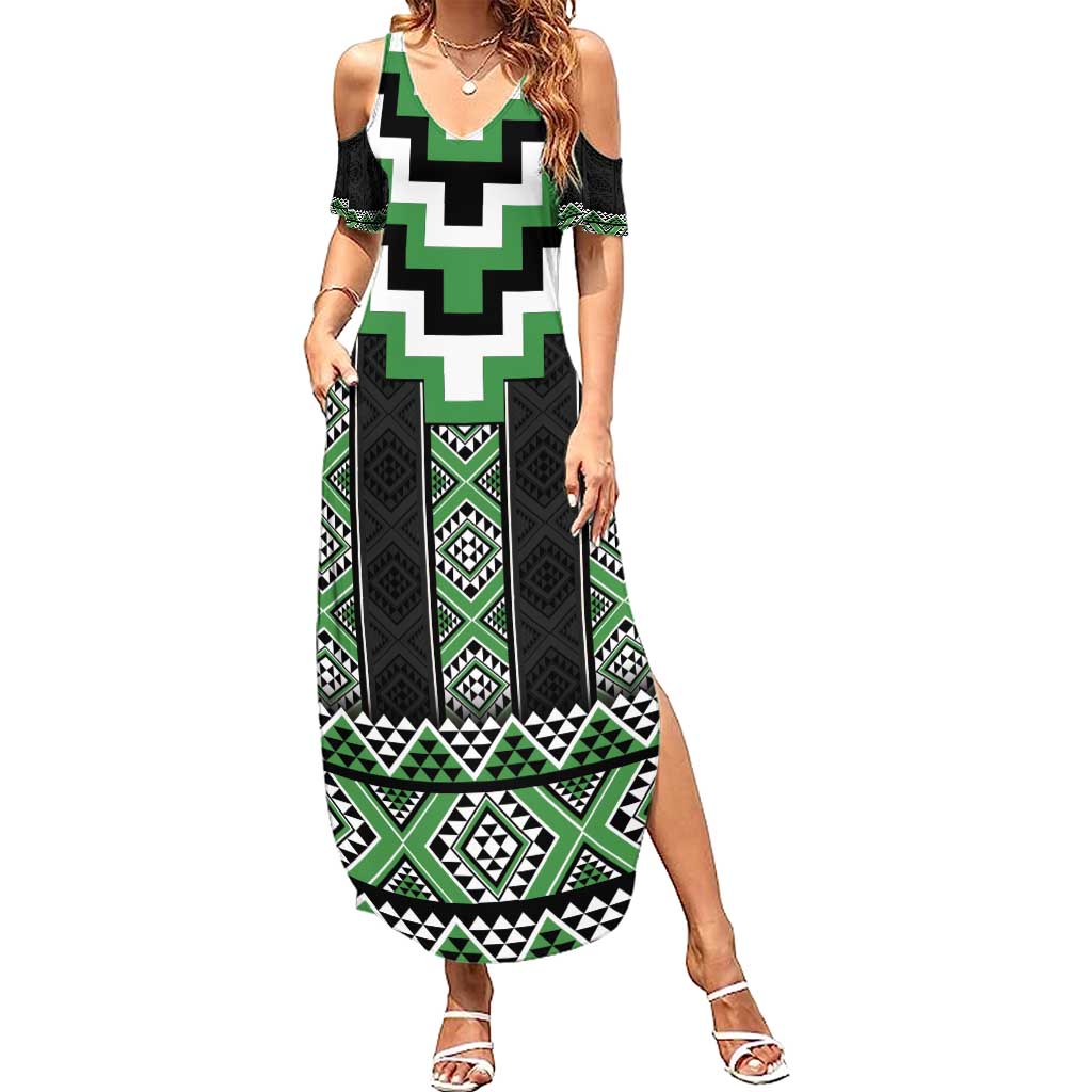 Green Taniko Pattern Aotearoa Family Matching Summer Maxi Dress and Hawaiian Shirt Niho Taniwha Mix Poutama LT14 Mom's Dress Green - Polynesian Pride