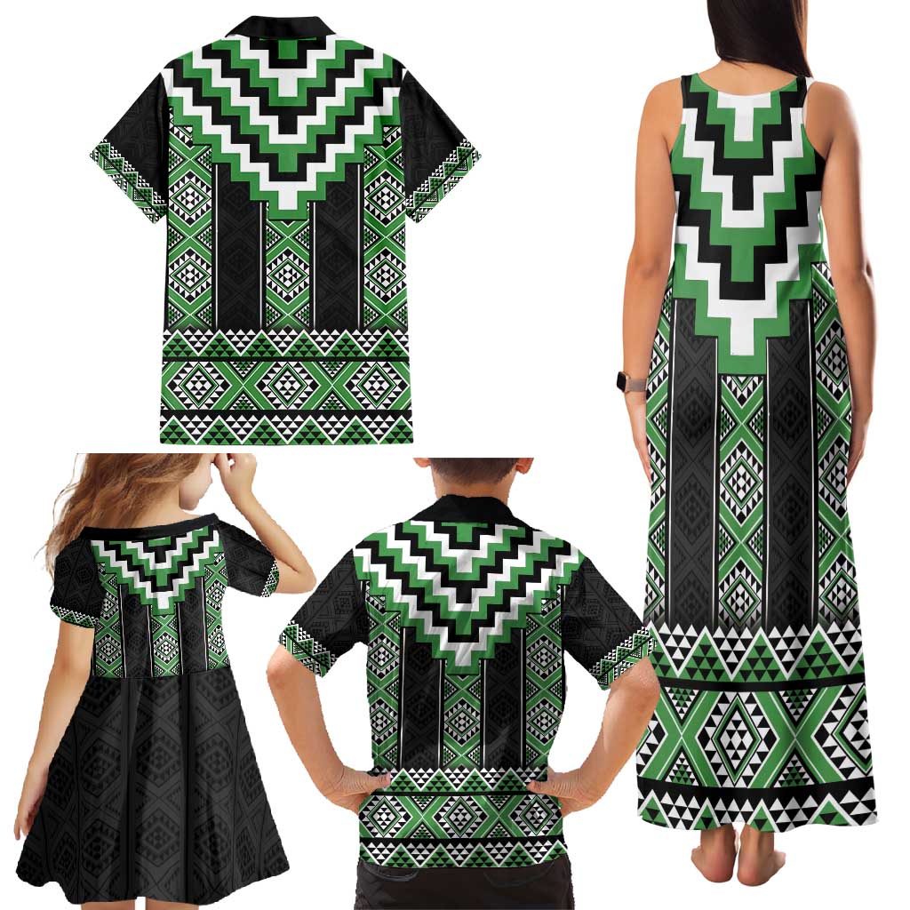 Green Taniko Pattern Aotearoa Family Matching Tank Maxi Dress and Hawaiian Shirt Niho Taniwha Mix Poutama LT14 - Polynesian Pride