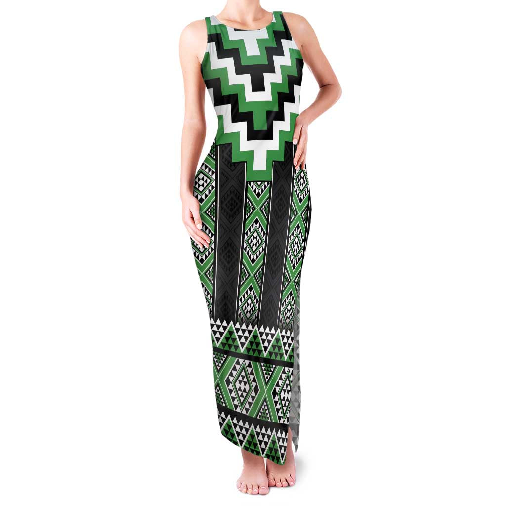 Green Taniko Pattern Aotearoa Family Matching Tank Maxi Dress and Hawaiian Shirt Niho Taniwha Mix Poutama LT14 Mom's Dress Green - Polynesian Pride