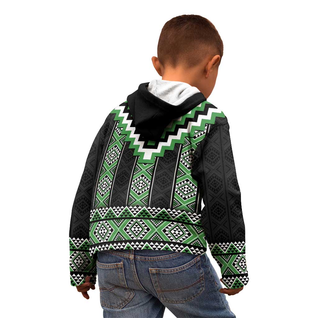 Green Taniko Pattern Aotearoa Kid Hoodie Niho Taniwha Mix Poutama LT14