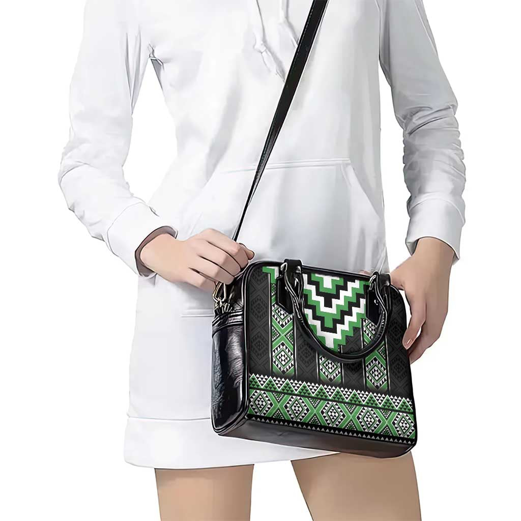 Green Taniko Pattern Aotearoa Shoulder Handbag Niho Taniwha Mix Poutama