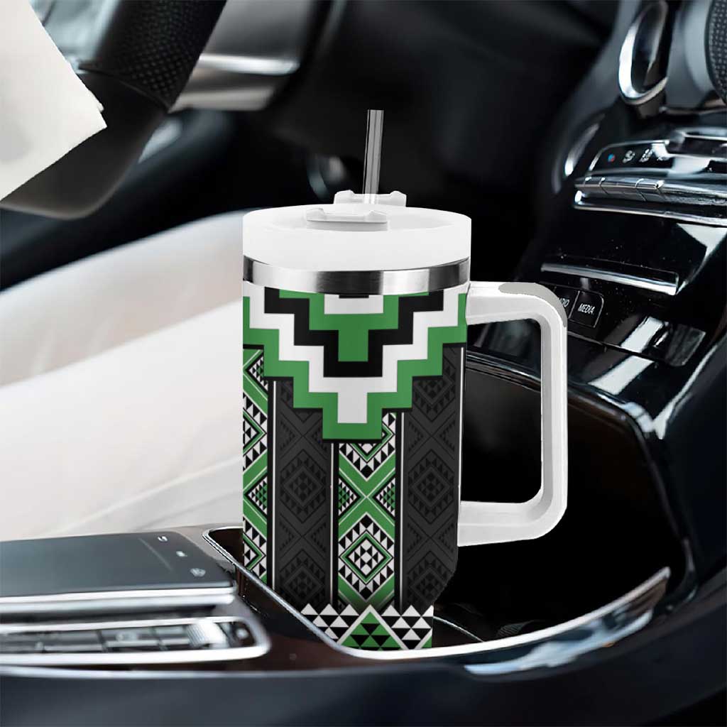 Green Taniko Pattern Aotearoa Tumbler With Handle Niho Taniwha Mix Poutama LT14