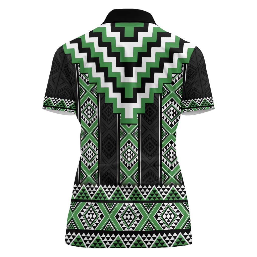 Green Taniko Pattern Aotearoa Women Polo Shirt Niho Taniwha Mix Poutama LT14 - Polynesian Pride