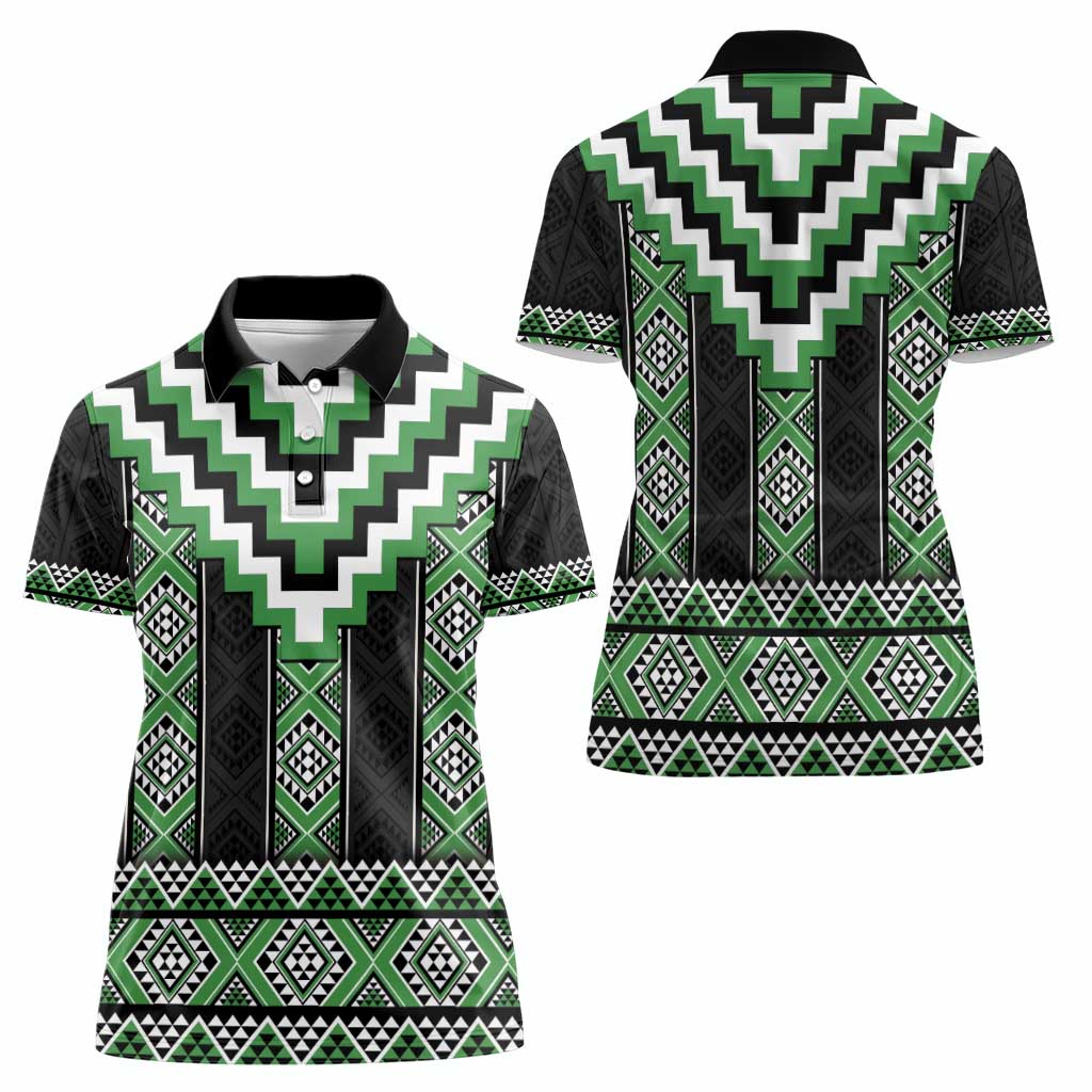Green Taniko Pattern Aotearoa Women Polo Shirt Niho Taniwha Mix Poutama LT14 - Polynesian Pride