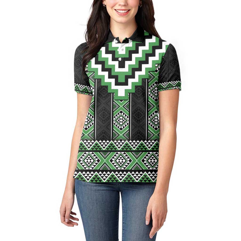 Green Taniko Pattern Aotearoa Women Polo Shirt Niho Taniwha Mix Poutama LT14 - Polynesian Pride