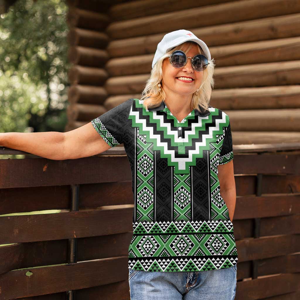 Green Taniko Pattern Aotearoa Women Polo Shirt Niho Taniwha Mix Poutama LT14 - Polynesian Pride