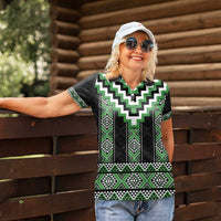 Green Taniko Pattern Aotearoa Women Polo Shirt Niho Taniwha Mix Poutama LT14 - Polynesian Pride