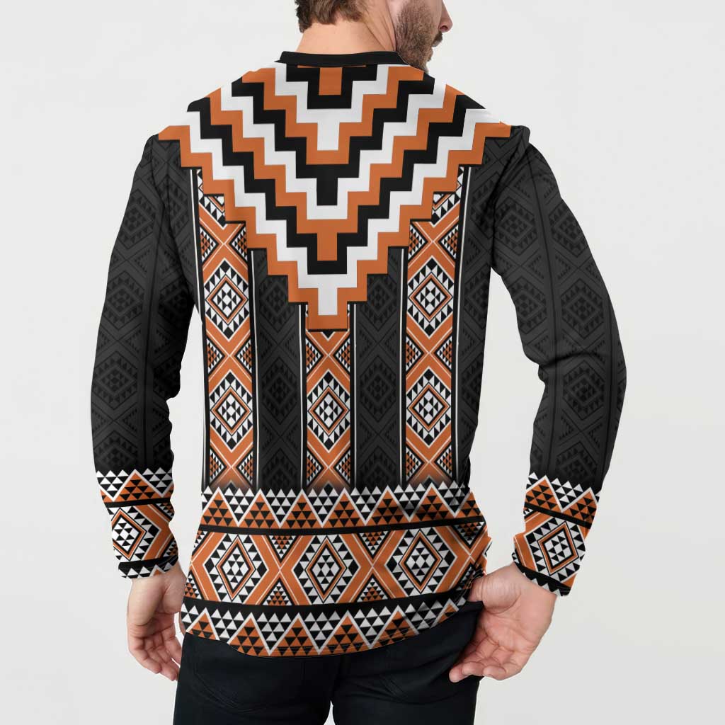 Orange Taniko Pattern Aotearoa Button Sweatshirt Niho Taniwha Mix Poutama LT14