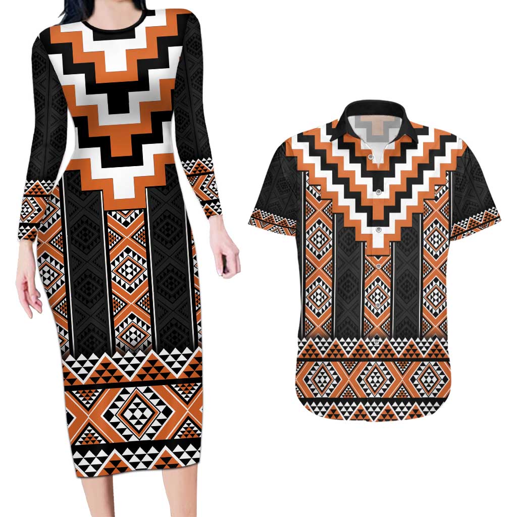 Orange Taniko Pattern Aotearoa Couples Matching Long Sleeve Bodycon Dress and Hawaiian Shirt Niho Taniwha Mix Poutama LT14 Orange - Polynesian Pride