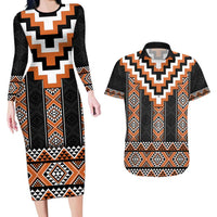 Orange Taniko Pattern Aotearoa Couples Matching Long Sleeve Bodycon Dress and Hawaiian Shirt Niho Taniwha Mix Poutama LT14 Orange - Polynesian Pride
