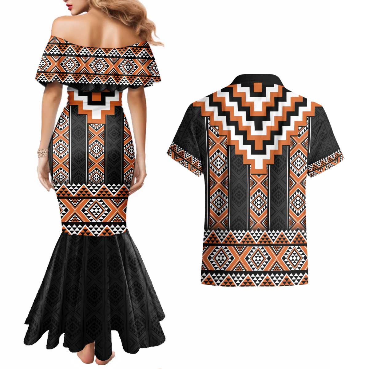 Orange Taniko Pattern Aotearoa Couples Matching Mermaid Dress and Hawaiian Shirt Niho Taniwha Mix Poutama LT14
