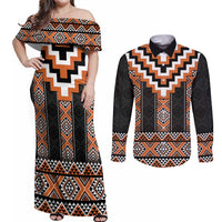 Orange Taniko Pattern Aotearoa Couples Matching Off Shoulder Maxi Dress and Long Sleeve Button Shirt Niho Taniwha Mix Poutama LT14 Orange - Polynesian Pride