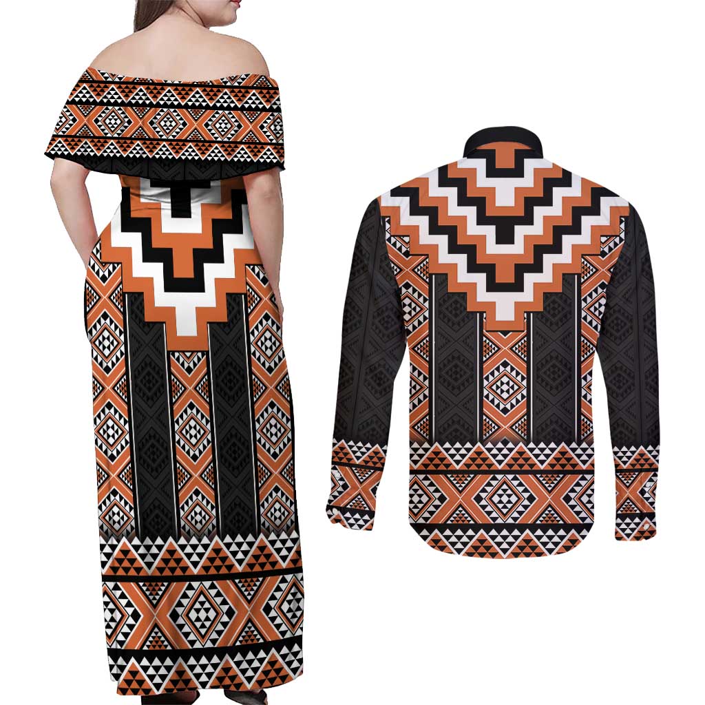 Orange Taniko Pattern Aotearoa Couples Matching Off Shoulder Maxi Dress and Long Sleeve Button Shirt Niho Taniwha Mix Poutama LT14 - Polynesian Pride