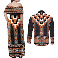 Orange Taniko Pattern Aotearoa Couples Matching Off Shoulder Maxi Dress and Long Sleeve Button Shirt Niho Taniwha Mix Poutama LT14 - Polynesian Pride