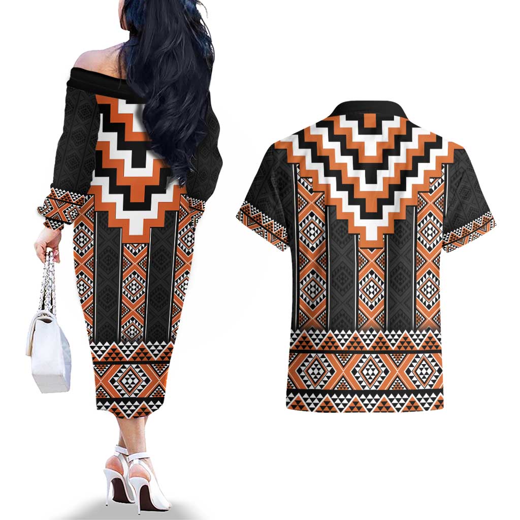 Orange Taniko Pattern Aotearoa Couples Matching Off The Shoulder Long Sleeve Dress and Hawaiian Shirt Niho Taniwha Mix Poutama LT14 - Polynesian Pride