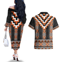 Orange Taniko Pattern Aotearoa Couples Matching Off The Shoulder Long Sleeve Dress and Hawaiian Shirt Niho Taniwha Mix Poutama LT14 - Polynesian Pride