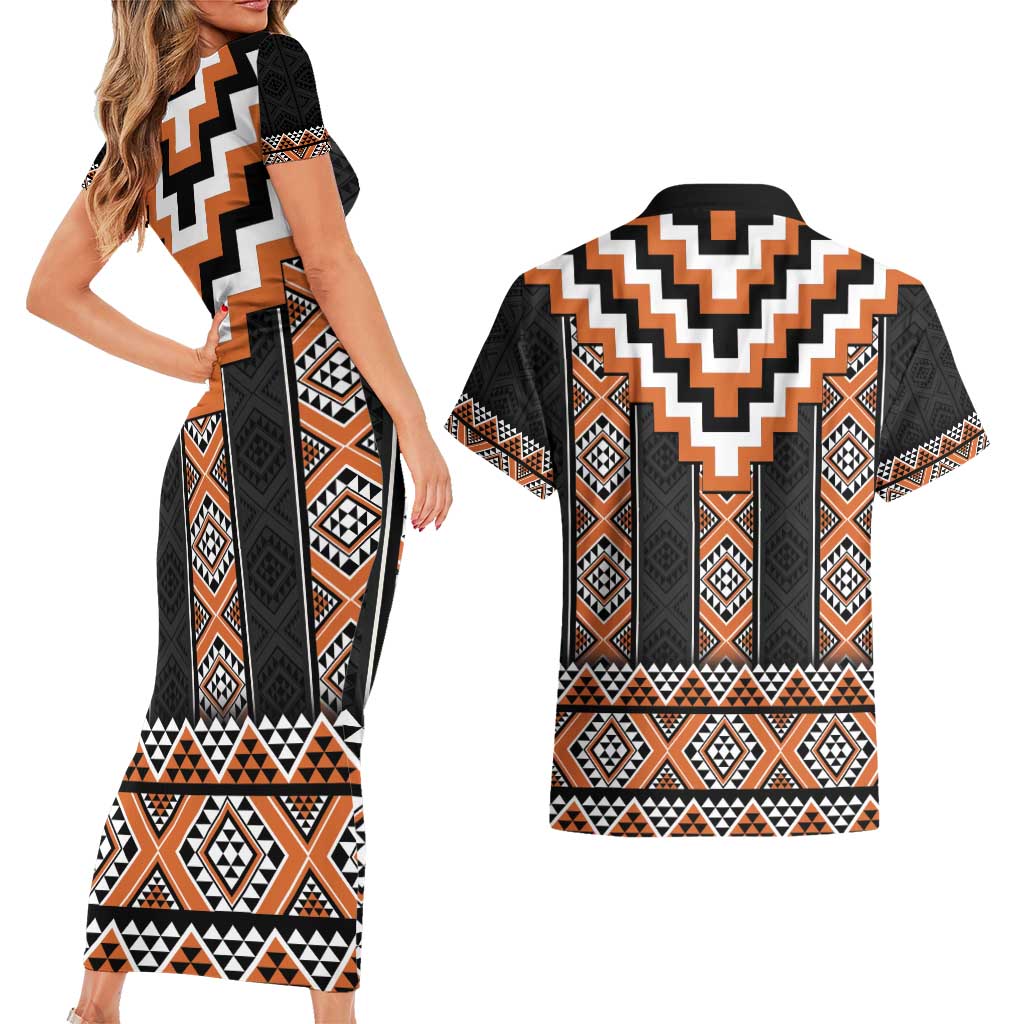 Orange Taniko Pattern Aotearoa Couples Matching Short Sleeve Bodycon Dress and Hawaiian Shirt Niho Taniwha Mix Poutama LT14 - Polynesian Pride