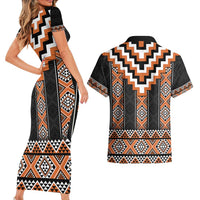 Orange Taniko Pattern Aotearoa Couples Matching Short Sleeve Bodycon Dress and Hawaiian Shirt Niho Taniwha Mix Poutama LT14 - Polynesian Pride