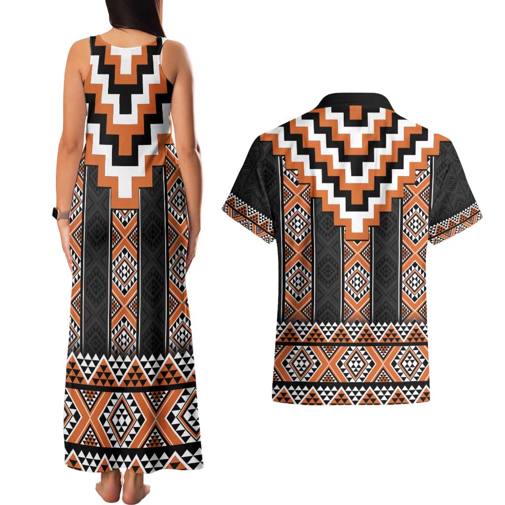 Orange Taniko Pattern Aotearoa Couples Matching Tank Maxi Dress and Hawaiian Shirt Niho Taniwha Mix Poutama LT14