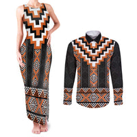 Orange Taniko Pattern Aotearoa Couples Matching Tank Maxi Dress and Long Sleeve Button Shirt Niho Taniwha Mix Poutama LT14