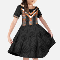 Orange Taniko Pattern Aotearoa Family Matching Long Sleeve Bodycon Dress and Hawaiian Shirt Niho Taniwha Mix Poutama LT14 Daughter's Dress Orange - Polynesian Pride