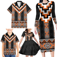 Orange Taniko Pattern Aotearoa Family Matching Long Sleeve Bodycon Dress and Hawaiian Shirt Niho Taniwha Mix Poutama LT14 - Polynesian Pride