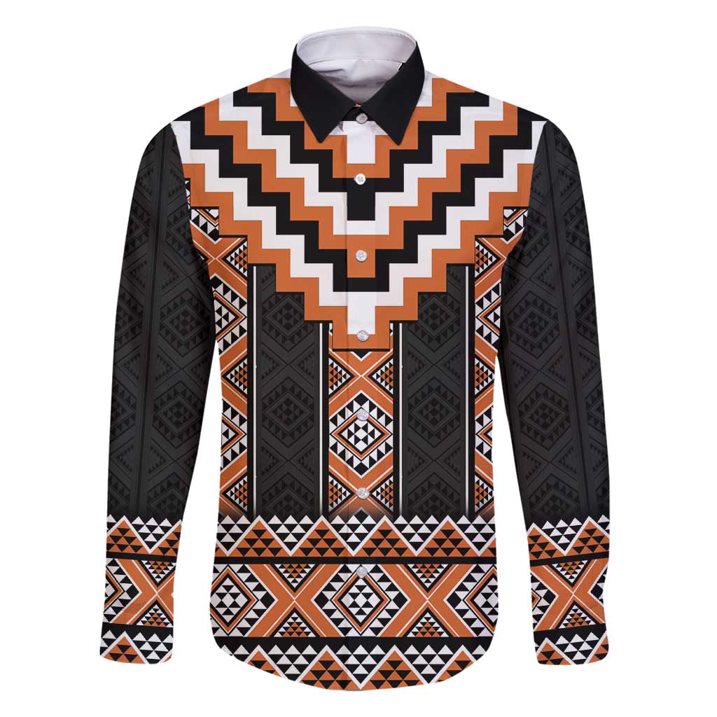 Orange Taniko Pattern Aotearoa Family Matching Long Sleeve Bodycon Dress and Hawaiian Shirt Niho Taniwha Mix Poutama LT14 Dad's Shirt - Long Sleeve Orange - Polynesian Pride