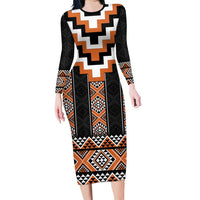 Orange Taniko Pattern Aotearoa Family Matching Long Sleeve Bodycon Dress and Hawaiian Shirt Niho Taniwha Mix Poutama LT14 Mom's Dress Orange - Polynesian Pride