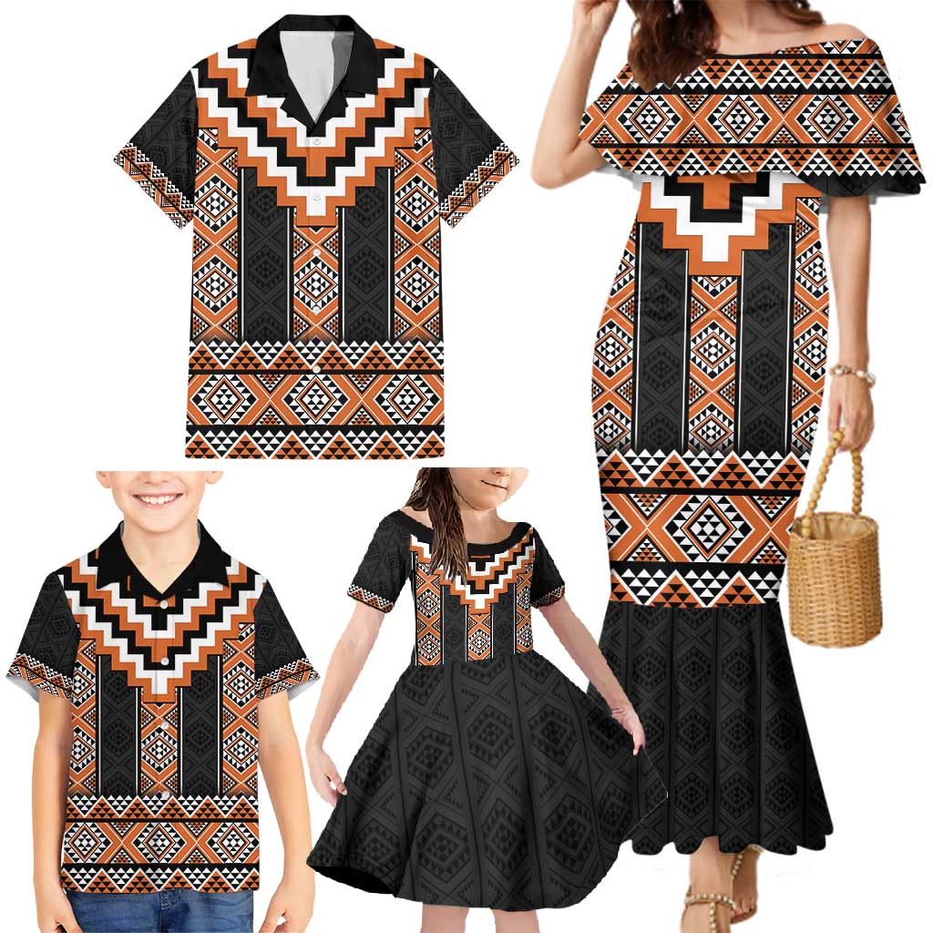 Orange Taniko Pattern Aotearoa Family Matching Mermaid Dress and Hawaiian Shirt Niho Taniwha Mix Poutama LT14 - Polynesian Pride